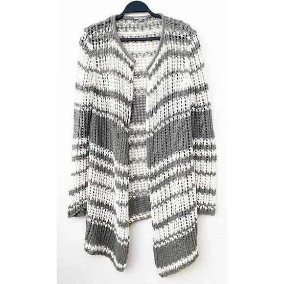 James Perse Womens Cotton Open Knit Gray Ivory Striped Sweater Lagenlook Coastal - Picture 1 of 7